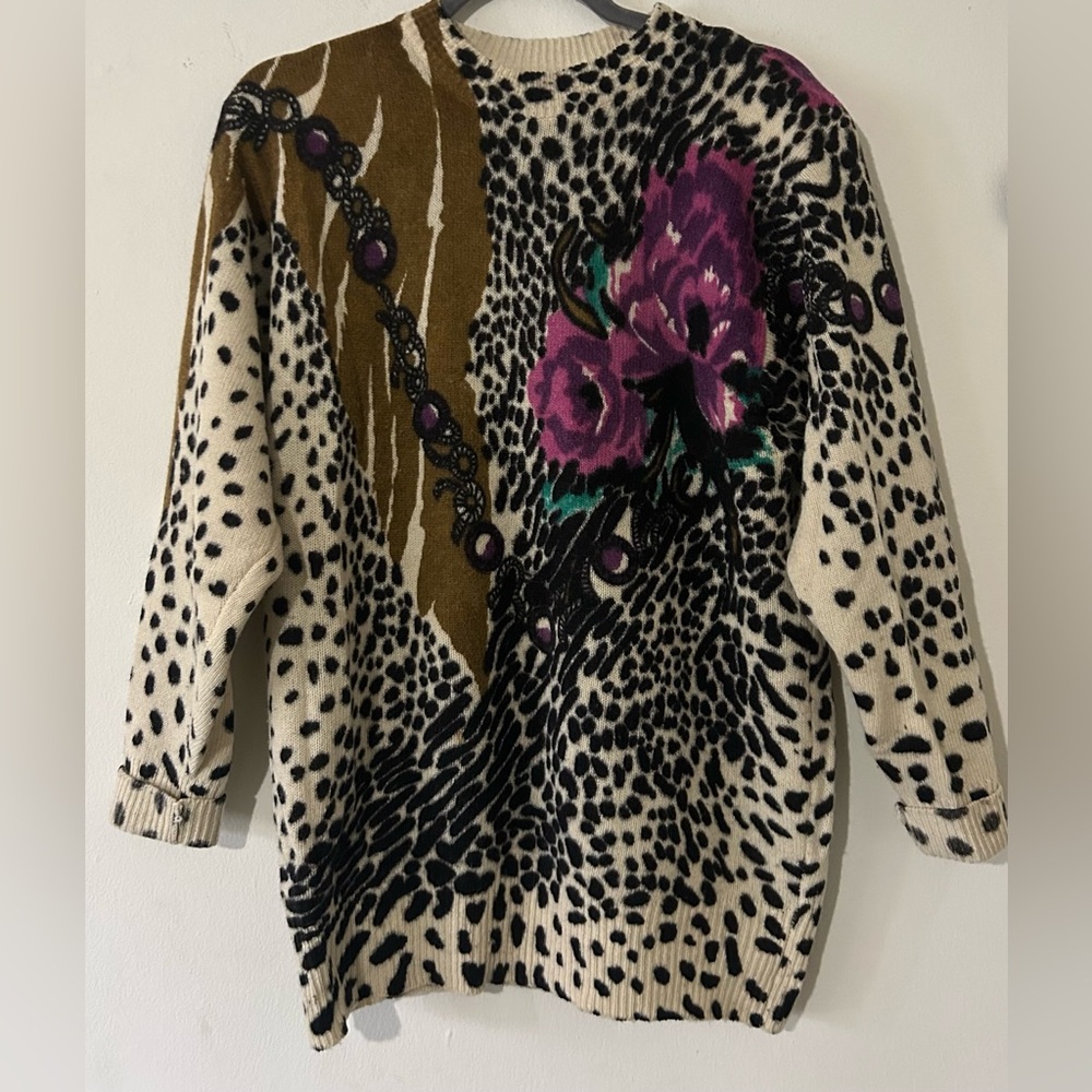 Vintage Roselina Paris Leopard Print Sweater with Floral Design